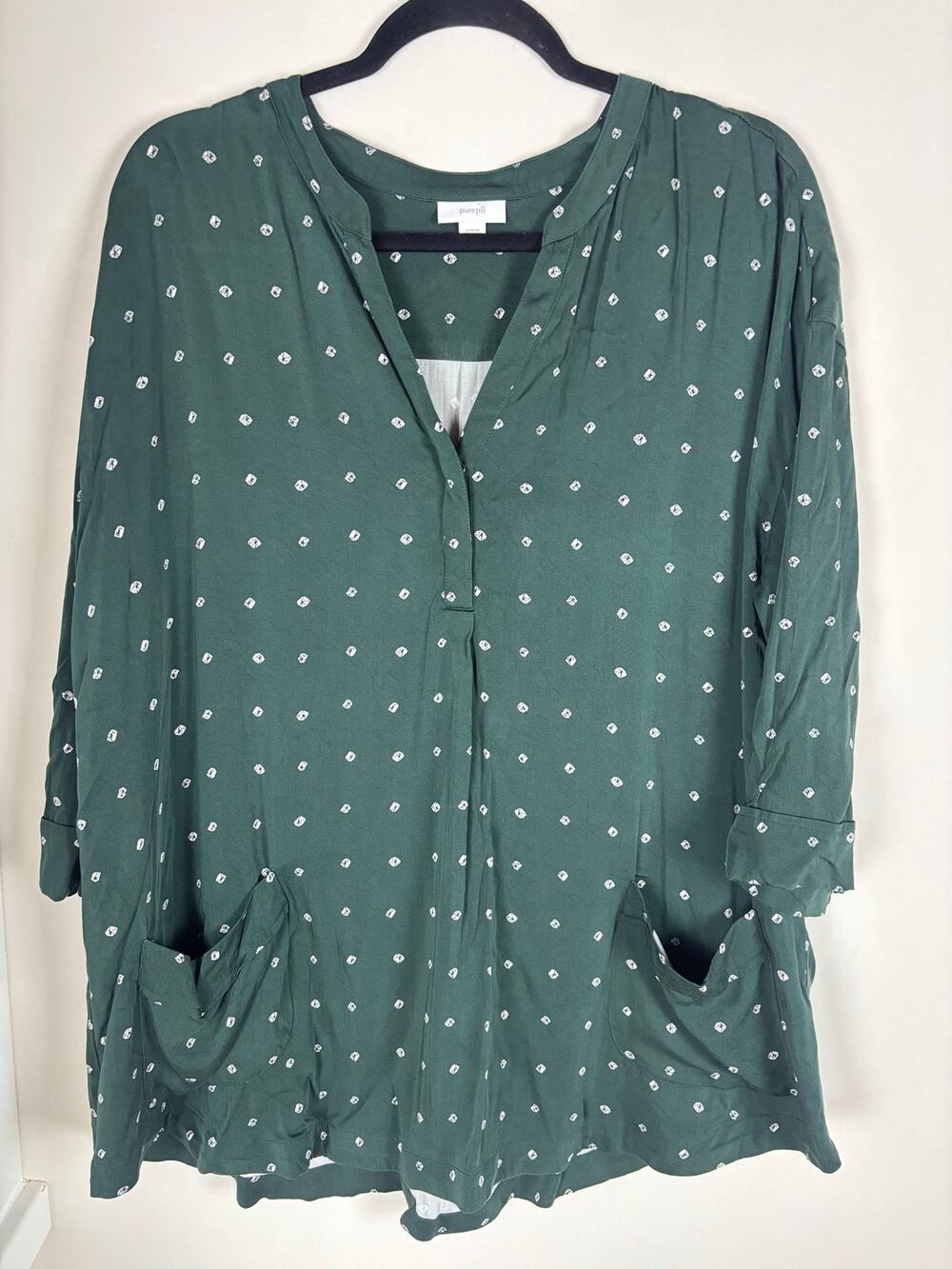 Pure Jill J Jill XL Petite Green Print Tunic Blouse 3/4 Sleeve Pockets Viscose